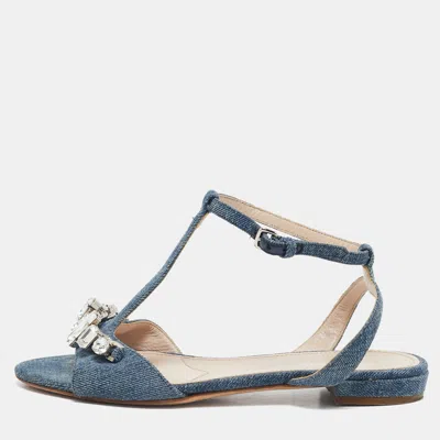 Pre-owned Miu Miu Blue Denim Crystal Embellished Ankle Strap Flat Sandals Size 35.5