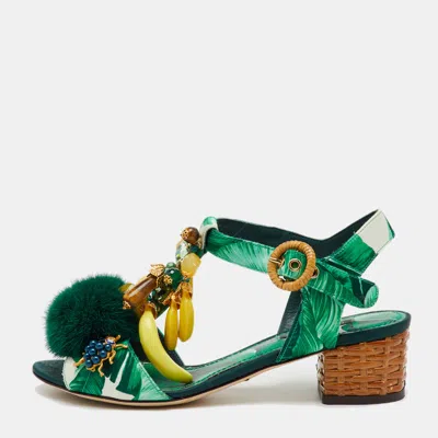 Pre-owned Dolce & Gabbana Green Mink Fur And Satin Banana Leaf T-strap Sandals Size 36