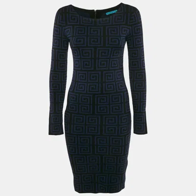 Pre-owned Alice And Olivia Blue/black Patterned Wool Knit Knee-length Dress M