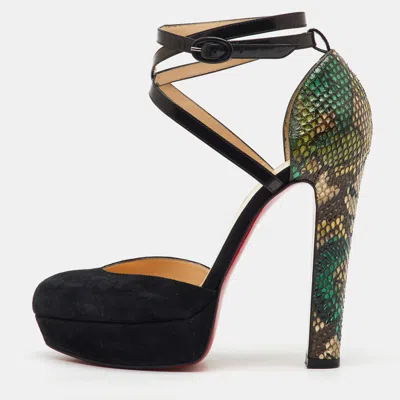 Pre-owned Christian Louboutin Black/green Suede And Python Ankle Strap Platform Pumps Size 38.5