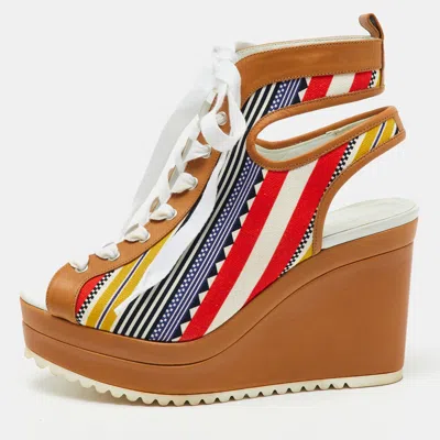 Pre-owned Hermes Multicolor Canvas And Leather Tribal Lace Up Platform Wedge Sandals Size 38