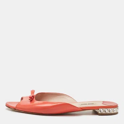 Pre-owned Miu Miu Orange Patent Leather Crystal Embellished Heel Bow Flat Slides Size 41