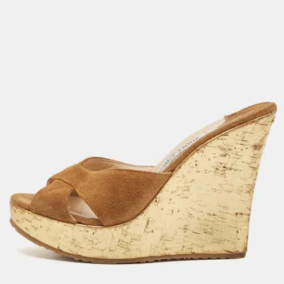 Pre-owned Jimmy Choo Brown Suede Criss Cross Cork Wedge Slide Sandals Size 36.5
