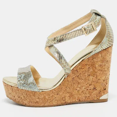Pre-owned Jimmy Choo Multicolor Python Embossed Leather Lucia Cross Strap Cork Wedge Sandals Size 40