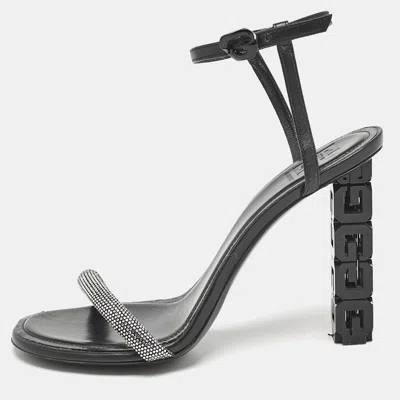 Pre-owned Givenchy Black Leather G Cube Crystal Embellished Heel Ankle Strap Sandals Size 41