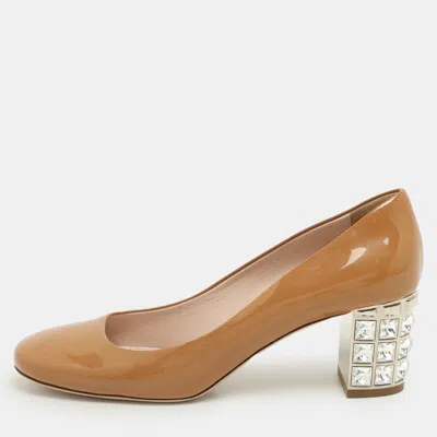Pre-owned Miu Miu Brown Patent Leather Crystal Embellished Block Heel Pumps Size 39.5