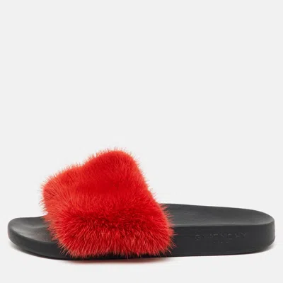 Pre-owned Givenchy Red Mink Fur Flat Slide Sandals Size 38