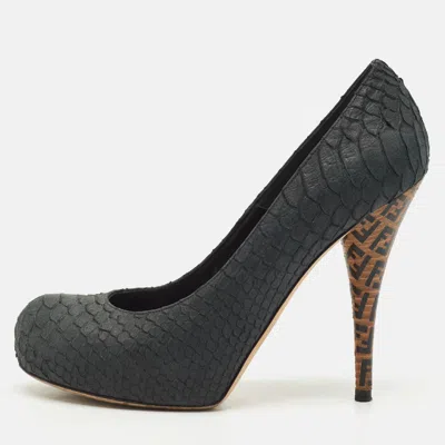 Pre-owned Fendi Dark Grey Python Embossed Leather Superstar Platform Pumps Size 38