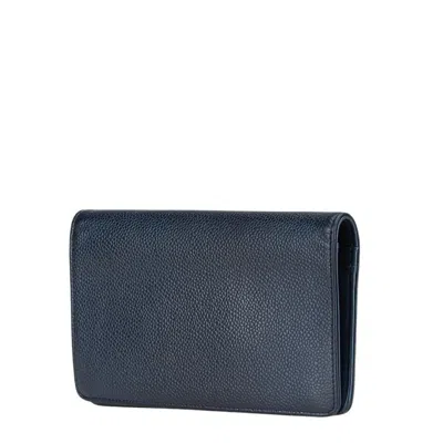 Pre-owned Chanel Navy Grained Calfskin Long Wallet (bi-fold) () In Blue