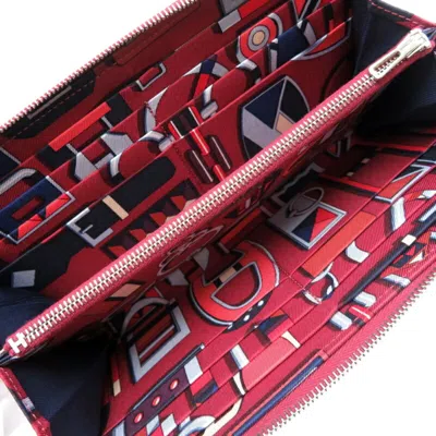 Pre-owned Hermes Red Color Leather Silk Long Wallet (bi-fold) ()