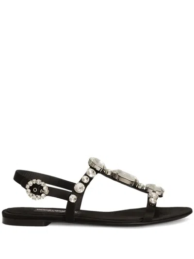 Dolce & Gabbana Black Sandals With Embroidered Stones Decorations In Satin Woman