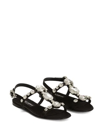 Dolce & Gabbana Black Sandals With Embroidered Stones Decorations In Satin Woman