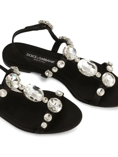 Dolce & Gabbana Black Sandals With Embroidered Stones Decorations In Satin Woman