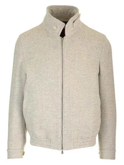 BRUNELLO CUCINELLI BOMBER JACKET IN WOOL, SILK AND CASHMERE CHEVRON JACKETS GREY 