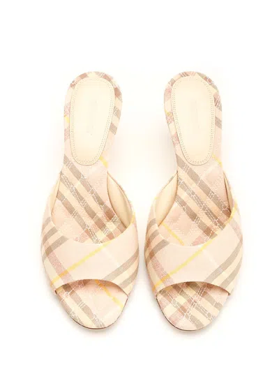 Burberry Beige Check Linen Mule Sandals With 6.5 Cm Heel Lf Mews 65 Chk 162393 In Neutral