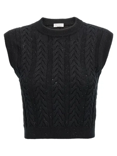 Brunello Cucinelli Black Dazzling Double Cable Knit Vest