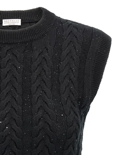 Brunello Cucinelli Black Dazzling Double Cable Knit Vest