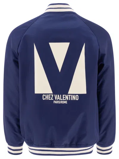 Valentino Blue Bomber Jacket In Printed Polyamide With Zip And High Collar