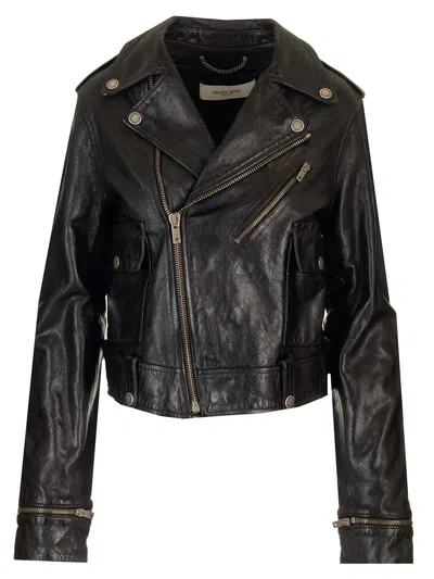 Golden Goose Shiny Black Sheepskin Biker Jacket With Sturdy Zip