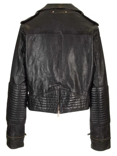 Golden Goose Shiny Black Sheepskin Biker Jacket With Sturdy Zip
