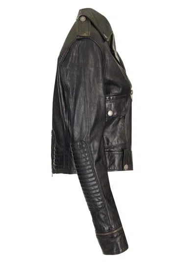Golden Goose Shiny Black Sheepskin Biker Jacket With Sturdy Zip