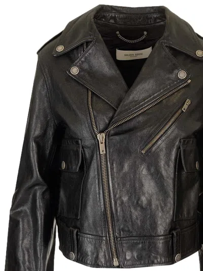Golden Goose Shiny Black Sheepskin Biker Jacket With Sturdy Zip