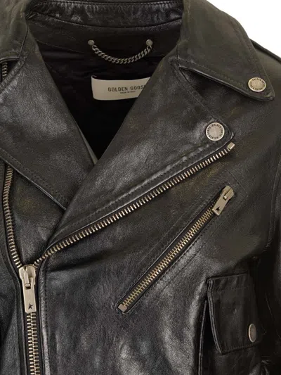 Golden Goose Shiny Black Sheepskin Biker Jacket With Sturdy Zip