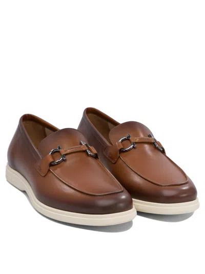 Ferragamo Brown Leather Loafers With Rubber Sole In Brown