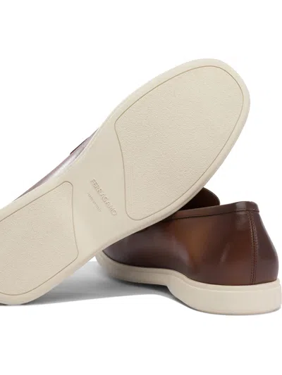 Ferragamo Brown Leather Loafers With Rubber Sole In Brown