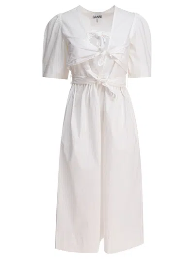 Ganni Midi Dress With Bows Dresses White In White