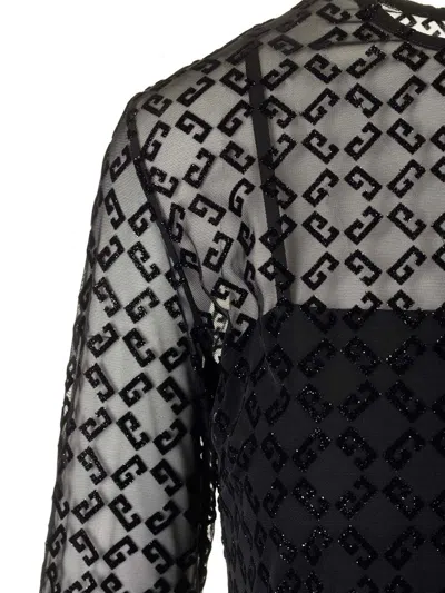 Givenchy Monogram 72 Glitter Flocked Long Sleeve Mesh Dress