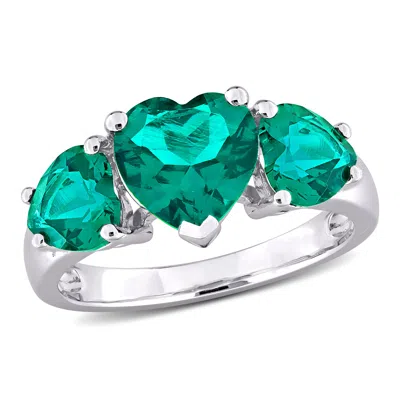 Mimi & Max 3ct Tgw Created Emerald 3-stone Heart Ring In Sterling Silver