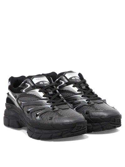 Valentino Garavani Leather Sneakers With Textured Rubber Elements In Black