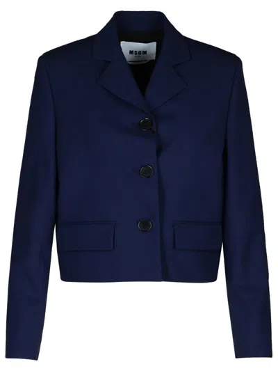 Msgm Navy Virgin Wool Crop Blazer