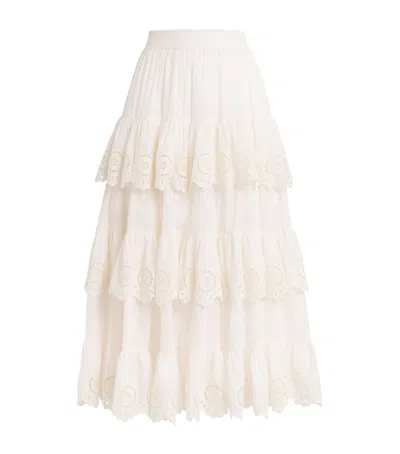 Zimmermann Women Ivory Embroidered Cotton Lucky Tiered Midi Skirt In Neutral