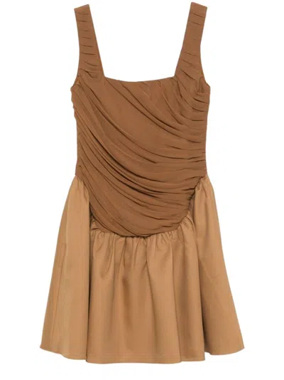 Abadia Ruched Detail Brown Ochre Kaya Mini Dress In Brown