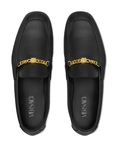 Versace Logo-embellished Leather Loafers In Black