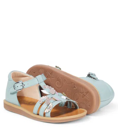 Pom D'api Poppy Floral-appliqué Leather Sandals In Blue