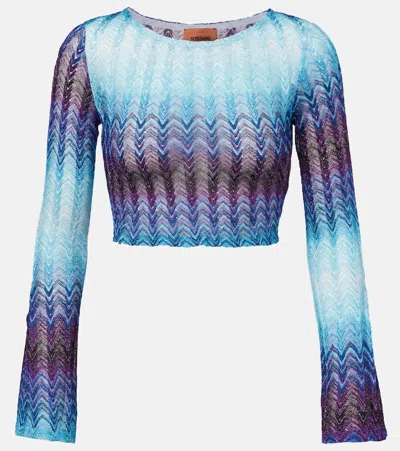 Missoni Cropped Glitter Knit Top With Zigzag Embroidery In Blue