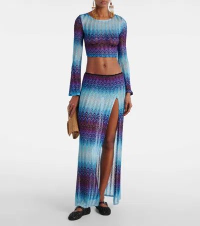 Missoni Cropped Glitter Knit Top With Zigzag Embroidery In Blue