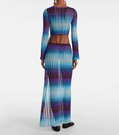 Missoni Cropped Glitter Knit Top With Zigzag Embroidery In Blue