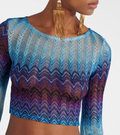 Missoni Cropped Glitter Knit Top With Zigzag Embroidery In Blue