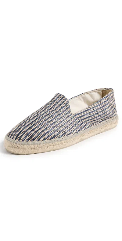 Manebi Raffia Stripe Classic Espadrilles Raffia Natural And Navy Blue In Blue