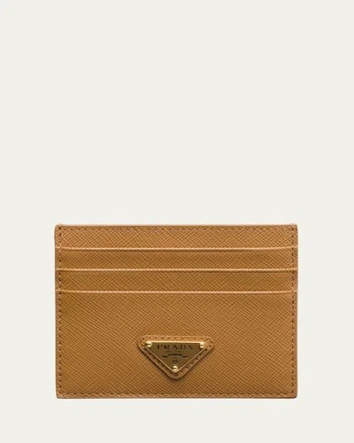 Prada Triangle Logo Leather Card Case In Brown