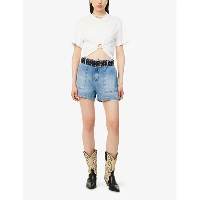 Good American Womens Drawstring Patch-pockets Denim-blend Shorts Indigo786