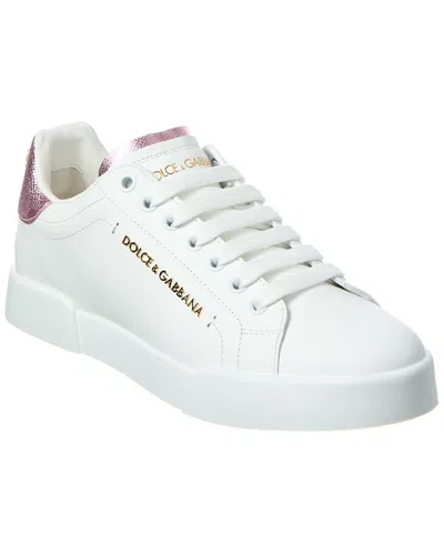 Dolce & Gabbana Women Portofino Leather Low-top Sneakers With Lateral Lettering Logo In White