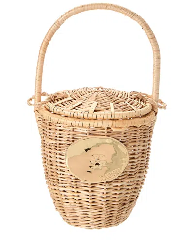 Patou Logo Plaque Wicker Bucket Bag In Beige