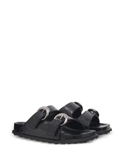Marine Serre Monogram-embossed Leather Slides In Black