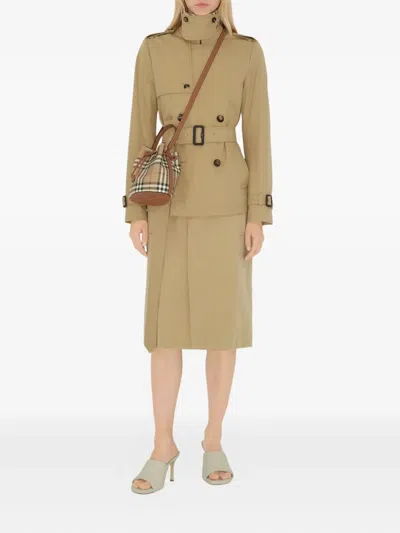 Burberry Drawstring Bucket Bag With Signature Plaid Pattern In Neutral