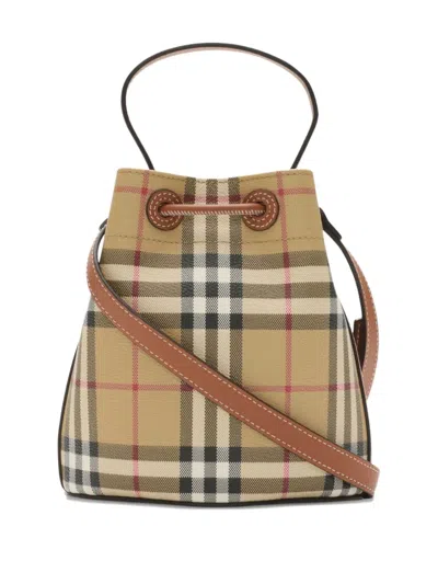 Burberry Drawstring Bucket Bag With Signature Plaid Pattern In Neutral